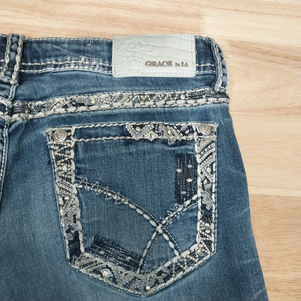Grace in LA Jeans Women Bootcut Distressed Stretch Denim 30 Blue